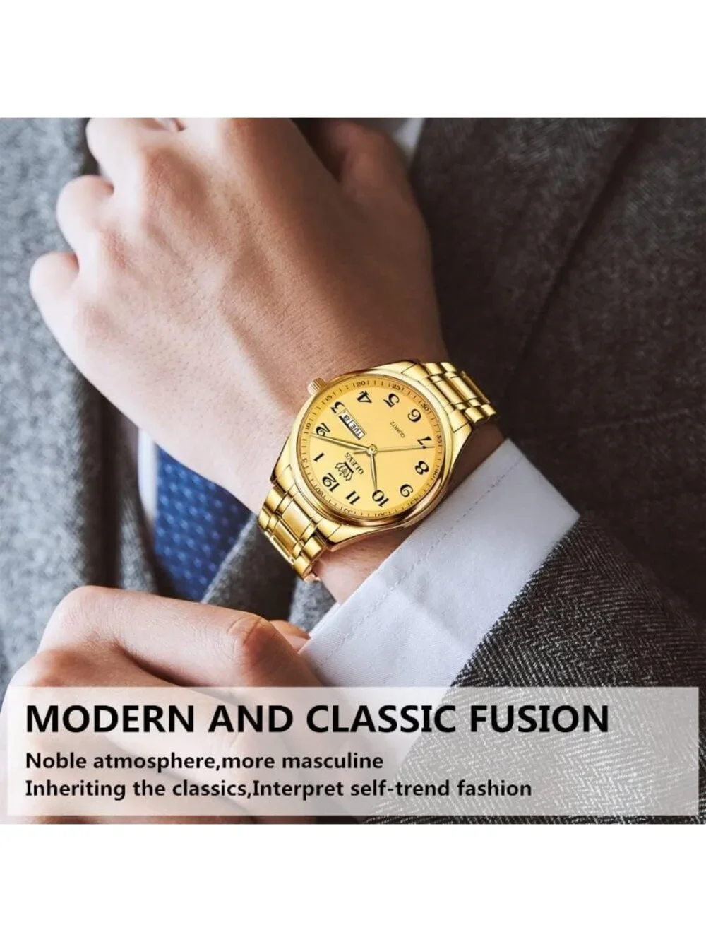 Olevs Men's Gold Digital Stainless Analog Quartz Waterproof Luminous Wrist Watch
